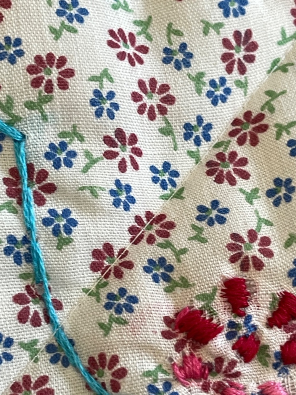 Handmade Quilt Whimsical Red Off White Blue Embroidered Flower Lap Child Size - Picture 3 of 15